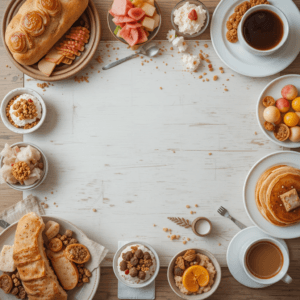 Breakfast Buffet Trends in 2024: Healthy & Gourmet Flavors 1 A delicious breakfast buffet spread with fresh bread, cheeses, cold cuts, yogurt, fruits, pancakes, and coffee, arranged beautifully on a wooden table.
