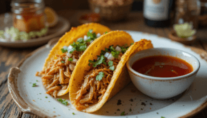 A plate of crispy chicken birria tacos served with a bowl of consommé for dipping.