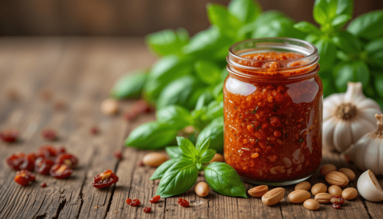 Red Pesto 101: The Ultimate Guide to This Flavorful Sauce 12 Homemade red pesto in a glass jar with fresh basil and sun-dried tomatoes