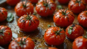 A close-up shot of roasted tomatoes with crispy, caramelized edges on a baking sheet