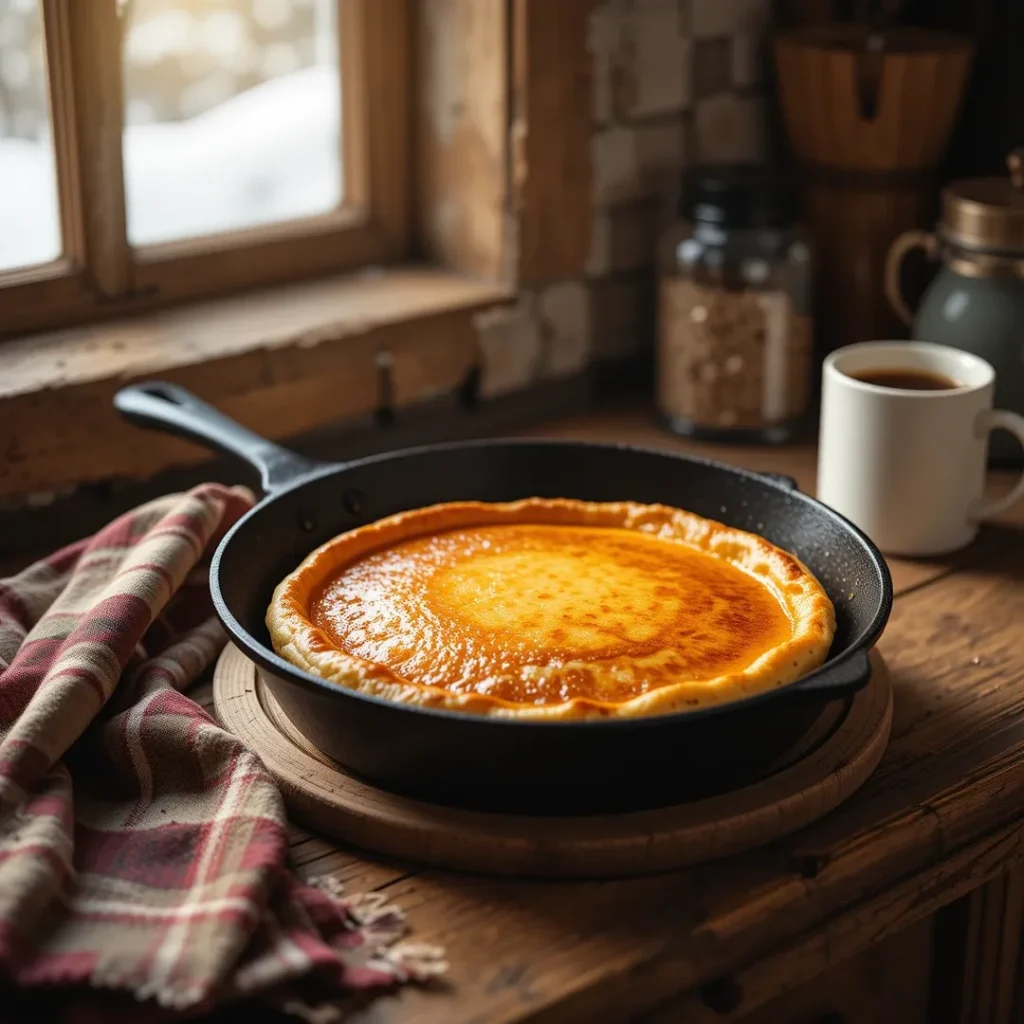 A freshly baked German pancake in a cast iron skillet on a rustic kitchen table