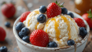 A bowl of smooth and creamy cottage cheese ice cream garnished with fresh berries and honey drizzle