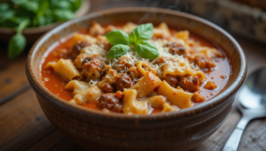 A steaming bowl of crockpot lasagna soup topped with melted cheese and fresh herbs