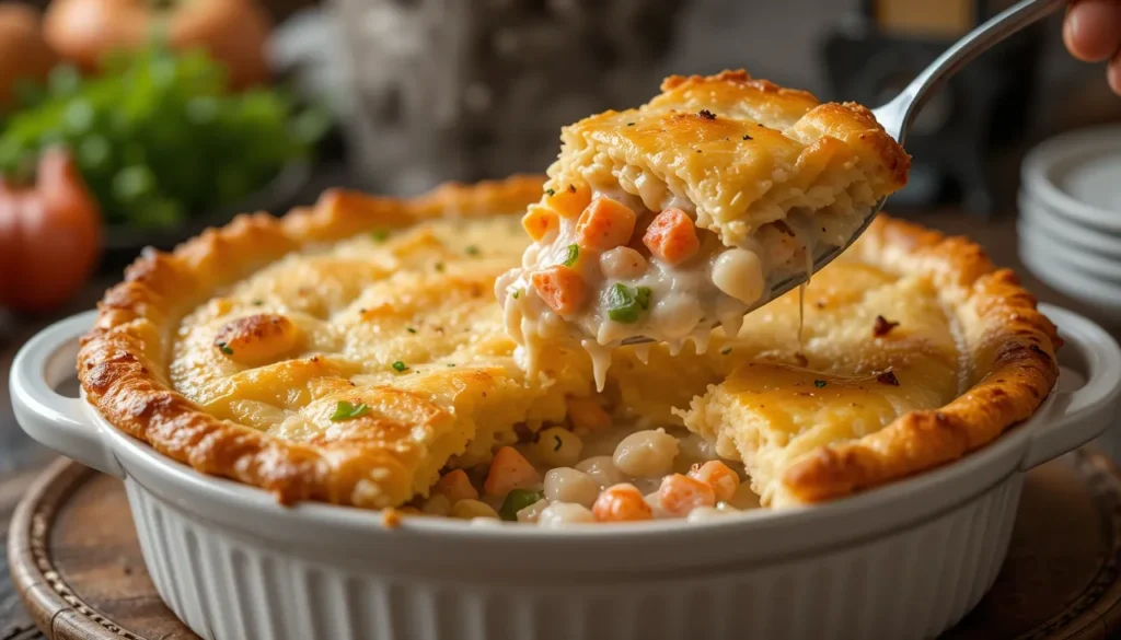 A beautifully baked lobster pot pie with a golden, crispy crust sitting on a rustic wooden table. A large spoon has scooped out a portion, revealing the creamy, rich filling inside.