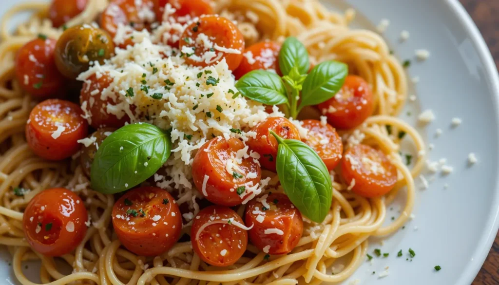 A plate of pasta topped with roasted tomatoes, fresh basil, and Parmesan cheese