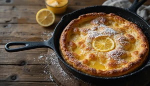 A freshly baked German pancake with golden edges, dusted with powdered sugar, and served with lemon slices.
