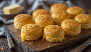 Flaky Cheddar Biscuits: Easy Recipe & Pro Baking Tips! 8 A close-up shot of freshly baked cheddar biscuits on a wooden board.