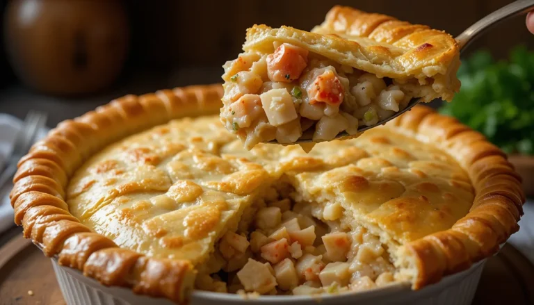 Freshly baked lobster pot pie with a golden, crispy crust