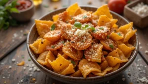 A bowl of crispy, golden-brown air fryer pasta chips served with marinara sauce on a wooden table.