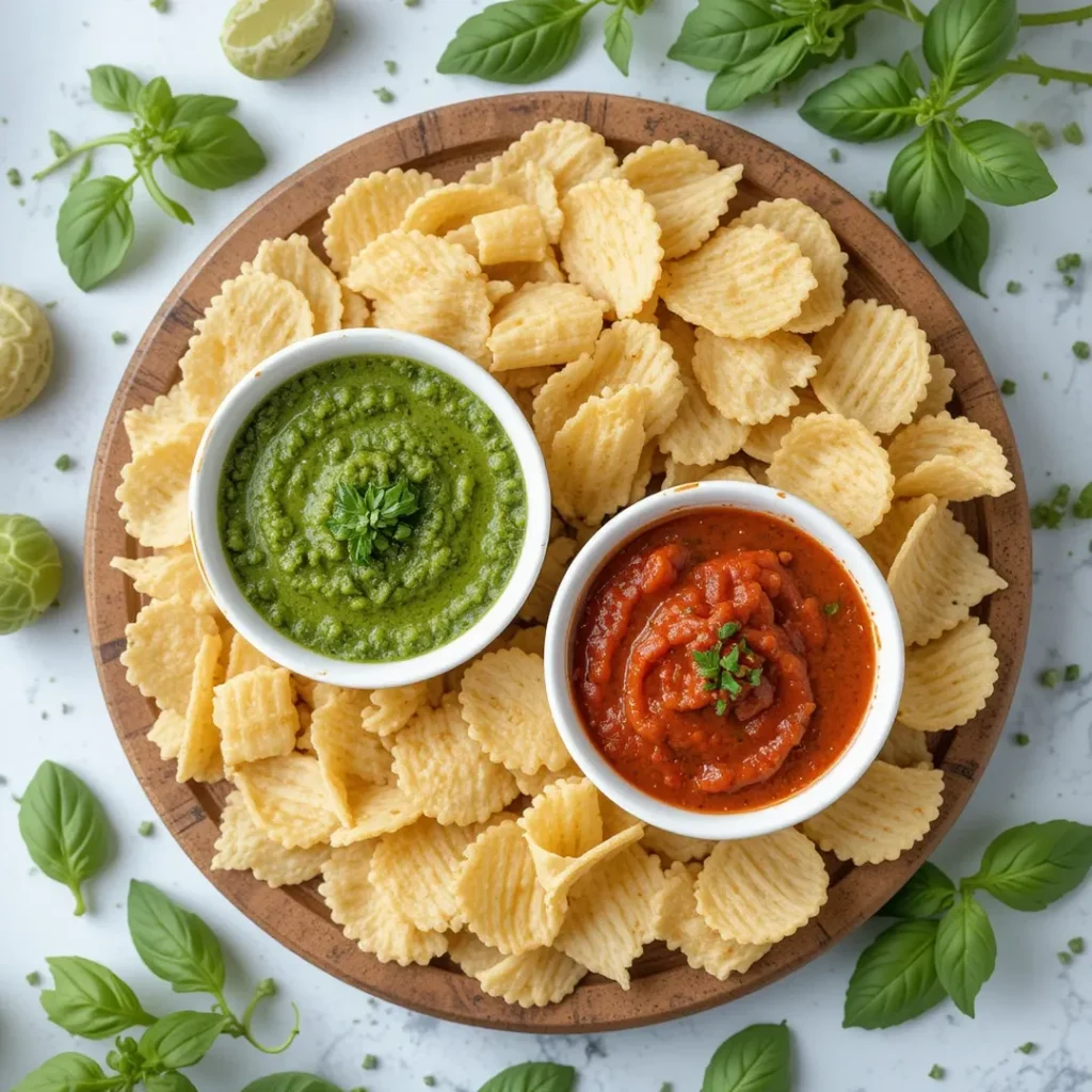 Air fryer Pasta chips with marinara and pesto dips on a platte