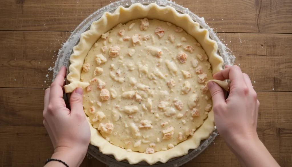 Raw pie crust being placed over a lobster pot pie