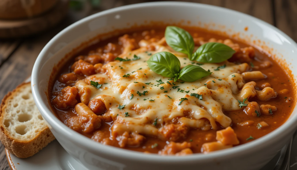 Crockpot Lasagna Soup: The Ultimate Comfort Food Recipe 13 A close-up shot of a bowl of lasagna soup with a generous serving of melted cheese and fresh basil garnish. The soup is in a white ceramic bowl with a rustic wooden table setting, and a slice of crusty bread is placed nearby.