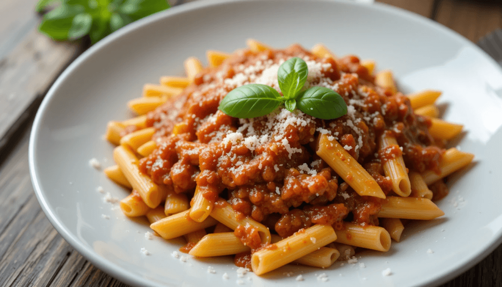 Red Pesto 101: The Ultimate Guide to This Flavorful Sauce 10 A plate of pasta coated in red pesto sauce with fresh basil on top