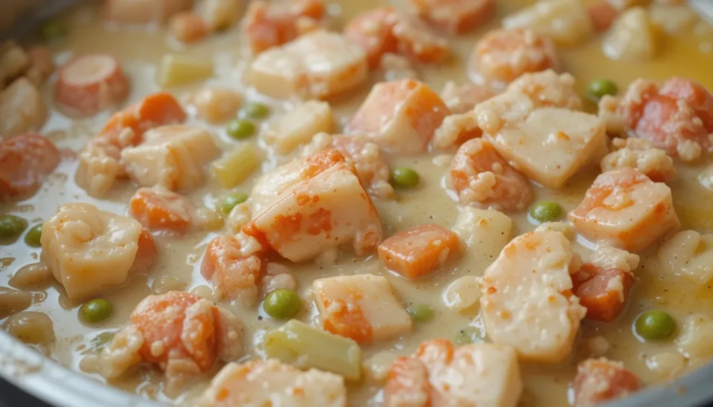 A pan filled with creamy lobster sauce and vegetables