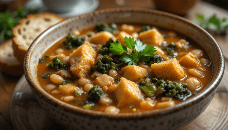 A bowl of hearty Tuscan vegetable soup with beans, kale, and rustic bread.