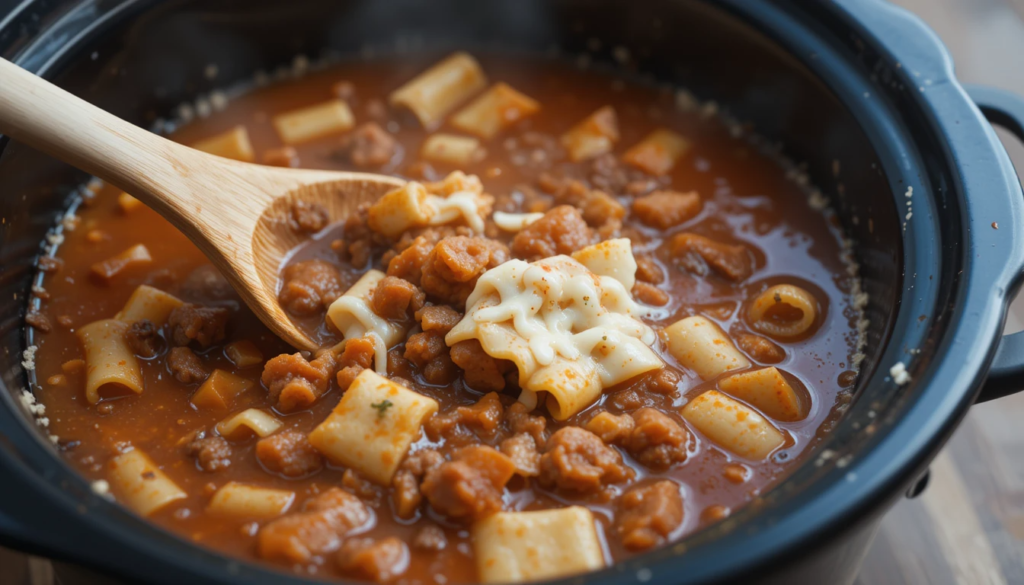 Crockpot Lasagna Soup: The Ultimate Comfort Food Recipe 12 A slow cooker filled with rich lasagna soup simmering with tomato broth, meat, and pasta