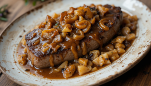 A plate of smothered steak covered in rich brown gravy with onions and mushrooms