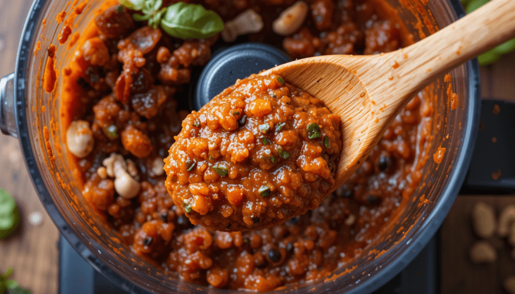 Red Pesto 101: The Ultimate Guide to This Flavorful Sauce 9 Food processor blending sun-dried tomatoes, basil, nuts, and olive oil