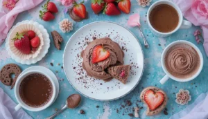 Healthy Valentine's Day Desserts 1 A selection of healthy desserts paired with drinks like herbal tea, almond milk hot chocolate, and fruit mocktails.