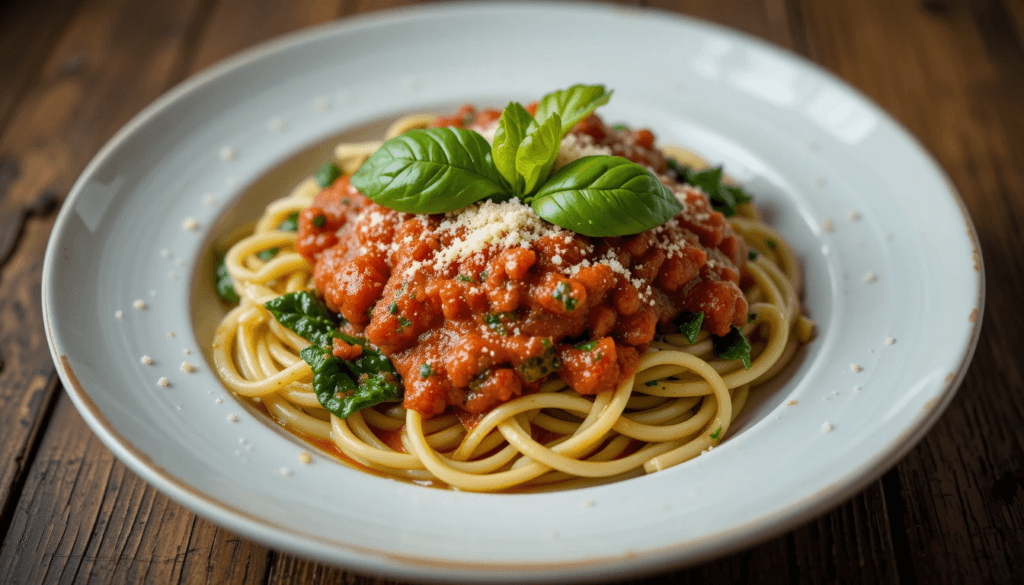A plate of spinach pasta with fresh tomato basil sauce and grated Parmesan