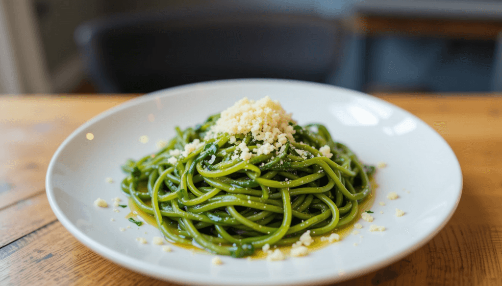 A simple spinach pasta dish with olive oil and garlic served on a white plate