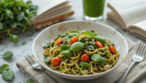 A bowl of spinach pasta with fresh spinach leaves and vegetables