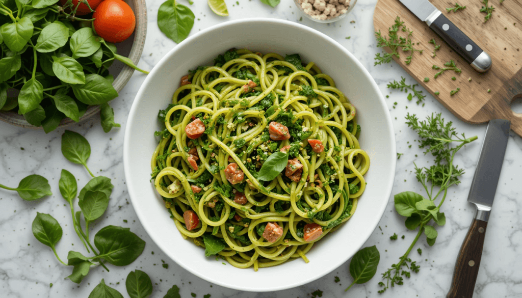 A bowl of spinach pasta with spinach leaves and vegetables around it