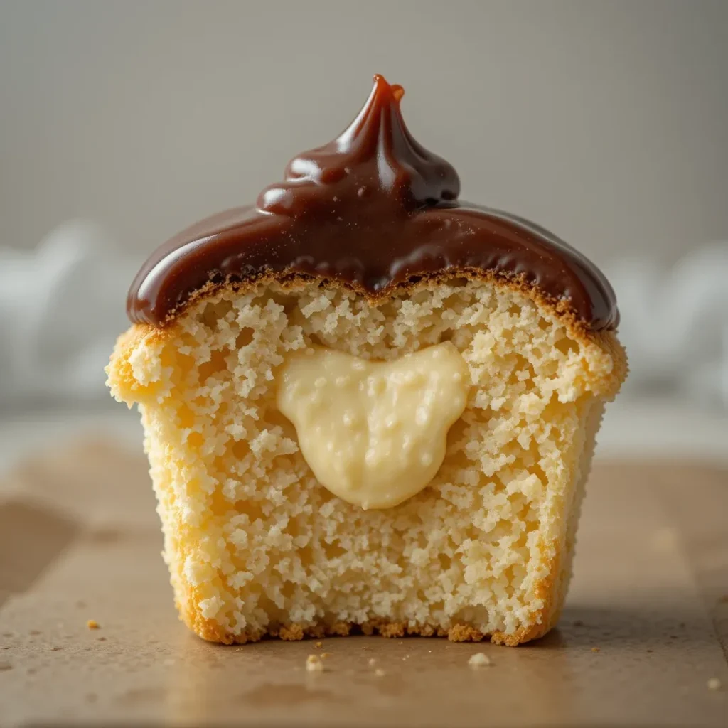 Close-up of cupcake sliced in half with custard filling