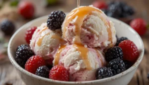 A creamy bowl of homemade cottage cheese ice cream with a spoon.