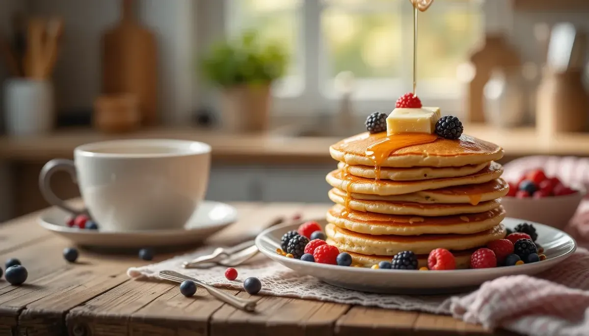 Fluffy pancakes with maple syrup, fresh berries, and coffee on a rustic kitchen table in soft morning light