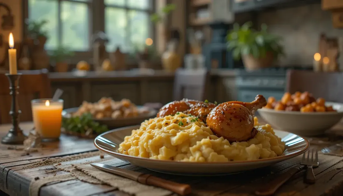 Roasted chicken with mashed potatoes on a cozy dinner table lit by soft evening light