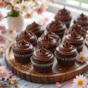 Moist gluten free chocolate cupcakes displayed on a wooden tray with spring flowers
