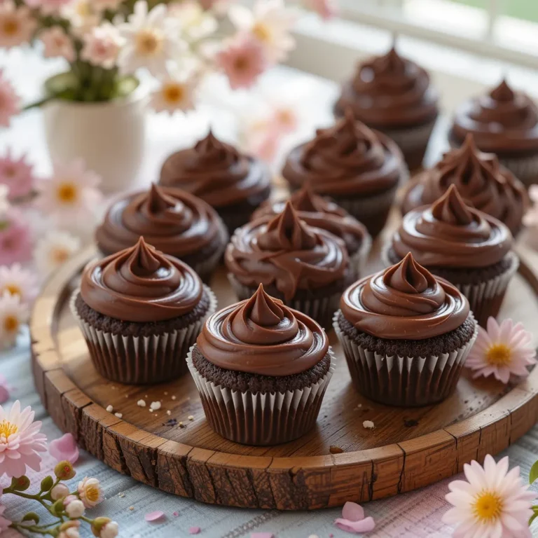Moist & Rich Gluten Free Chocolate Cupcakes Recipe 9 Moist gluten free chocolate cupcakes displayed on a wooden tray with spring flowers