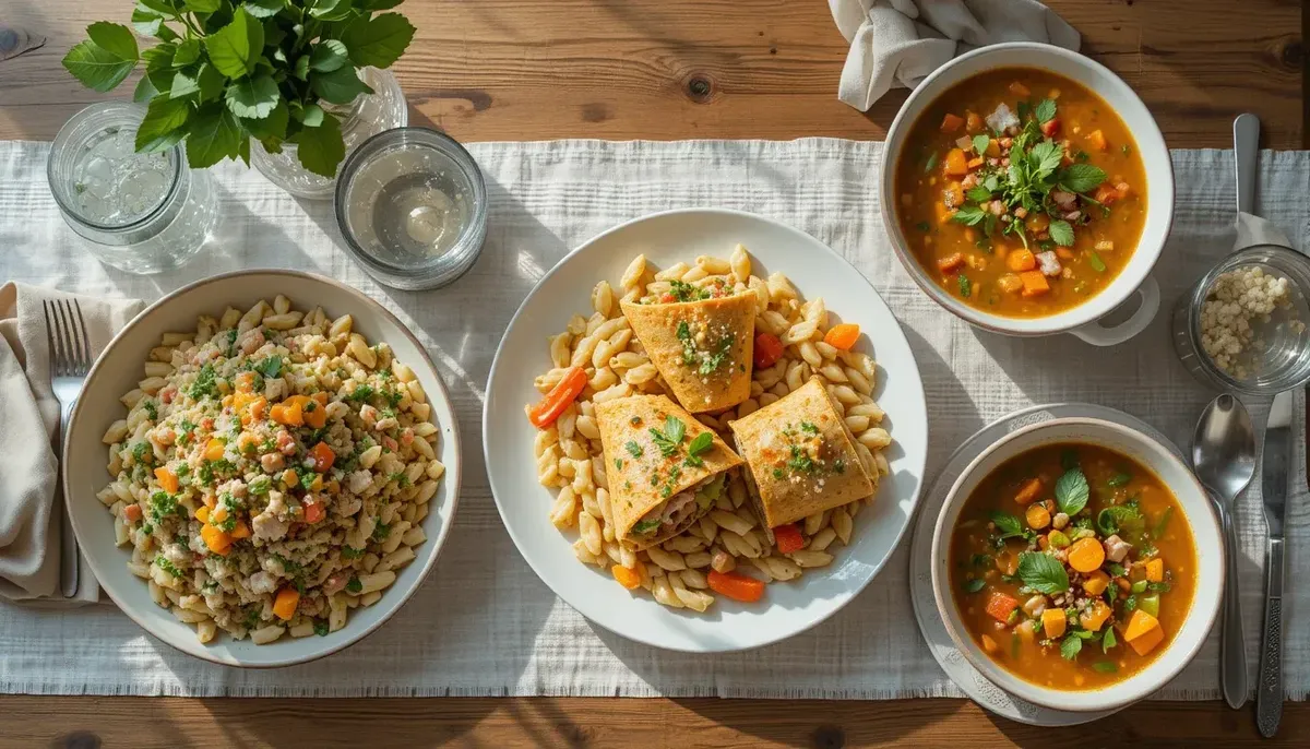 Homemade pasta salad, grilled wraps, and veggie soup served on a bright wooden table with natural daylight