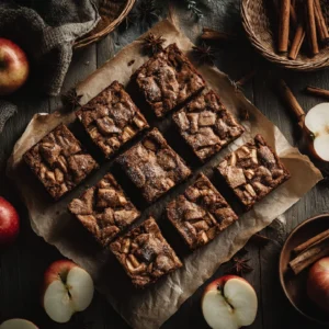Apple brownies on a plate with cinnamon and apples