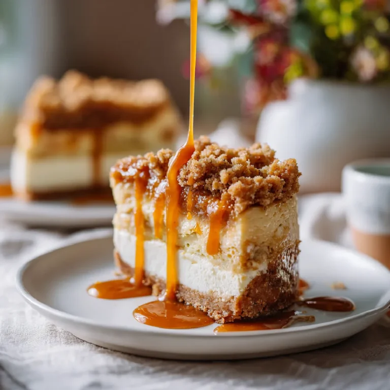 Apple Crumble Cheesecake - A Cozy Dessert You’ll Love 3 Slice of Apple Crumble Cheesecake served with caramel
