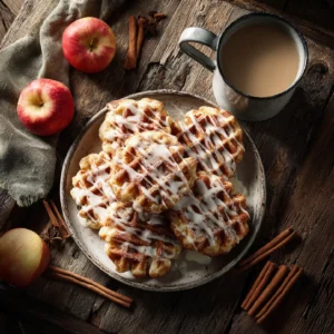 Apple Fritter Waffle Donuts glazed and golden on rustic table