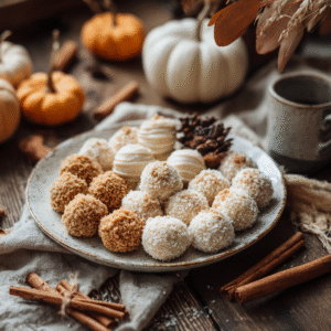 No Bake Pumpkin Cheesecake Balls dessert on rustic table