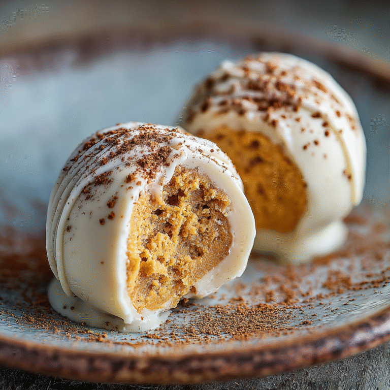 No Bake Pumpkin Cheesecake Balls: Easy Fall Dessert 3 Inside view of a creamy pumpkin cheesecake ball with a spiced white chocolate