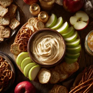 Caramel Apple Cheesecake Dip 2 Caramel apple cheesecake dip with apples on a fall table