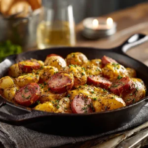 Hearty dinner of ranch roasted potatoes and smoked sausage with melted cheese