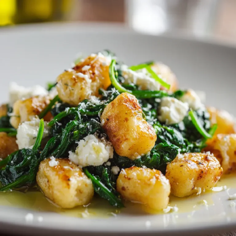 Creamy Gnocchi with Spinach and Feta: A Comforting Classic 3 Close-up of crispy gnocchi with sautéed spinach and melted feta cheese.