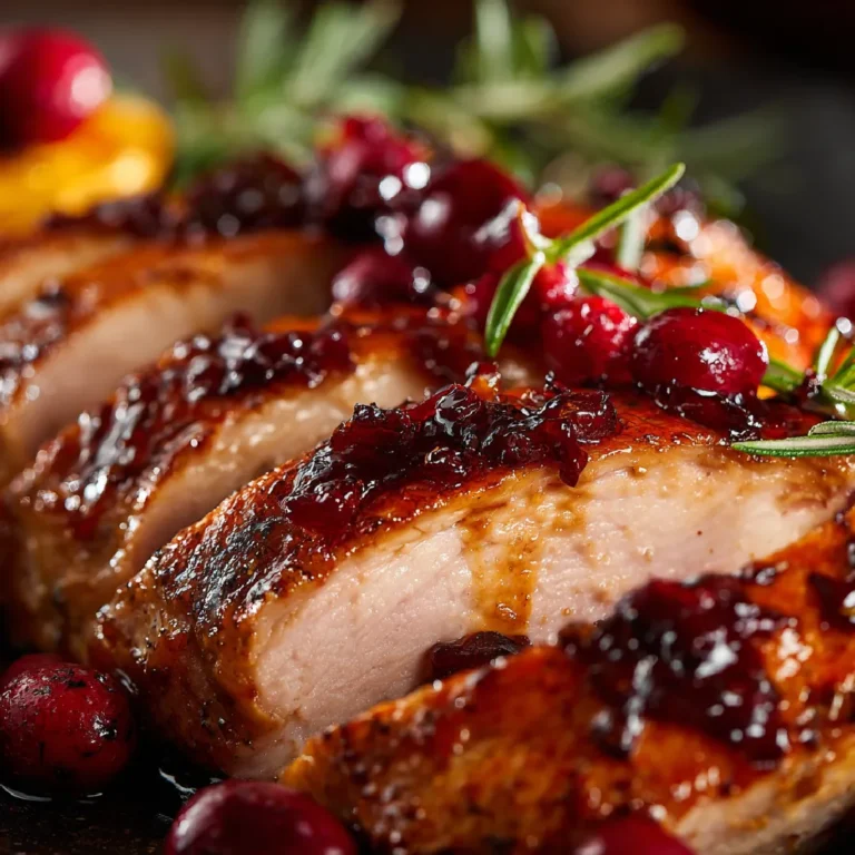Cranberry Orange Glazed Turkey Breast: Easy Holiday Recipe 3 Close-up of juicy cranberry orange glazed turkey breast with glaze and fruit details