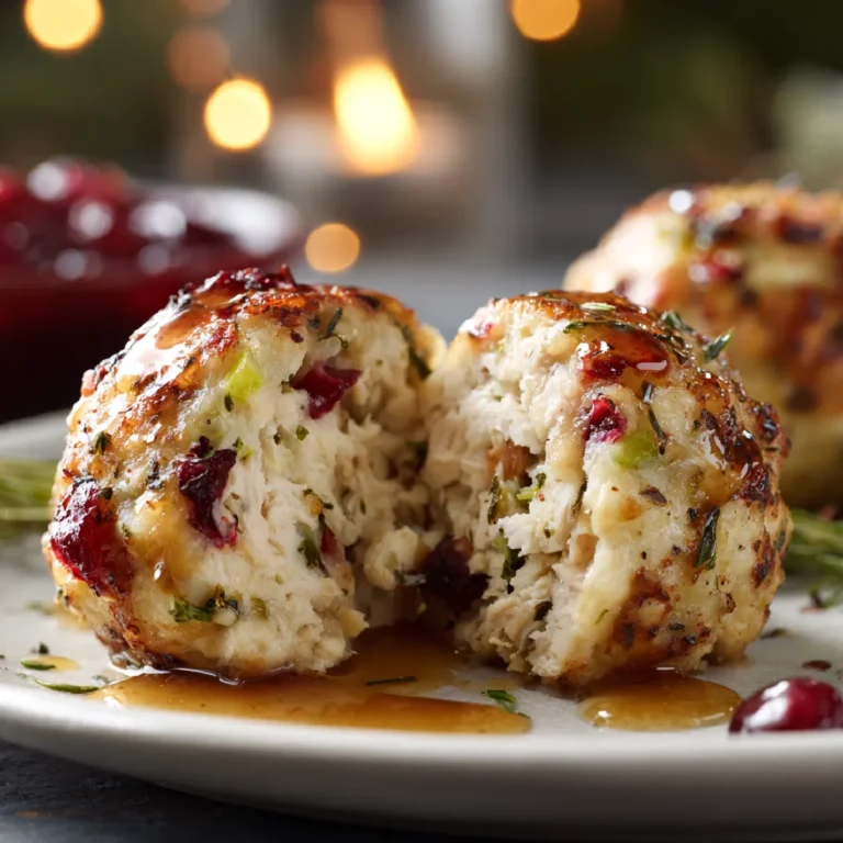 Cranberry Turkey Stuffing Balls: A Holiday Favorite 3 Close-up of a cranberry turkey stuffing ball cut open with gravy