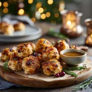 Overhead view of cranberry turkey stuffing balls with gravy on a wooden platter