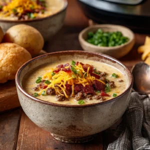 Creamy cheeseburger soup served in a rustic bowl