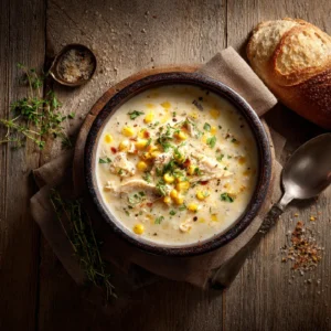 Crockpot chicken corn chowder in a rustic bowl with toppings