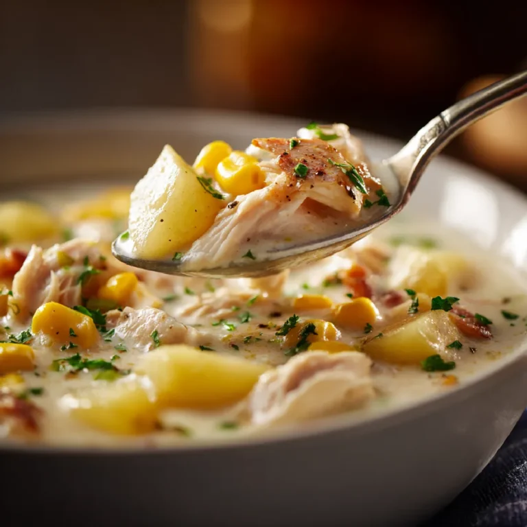 Crockpot Chicken Corn Chowder: A Comforting Slow Cooker Classic 3 Creamy chicken corn chowder on a spoon with herbs and corn visible
