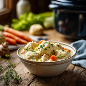Crockpot Chicken and Dumplings: The Coziest Comfort Meal 2 Crockpot Chicken and Dumplings Recipe in a rustic kitchen