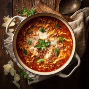 Crockpot lasagna soup with cheese and basil